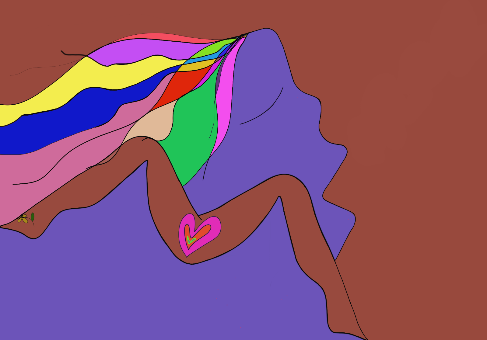 Image consists of two legs stretched apart showing a heart shaped opening, against a big woman face with closed eyes and rainbow hair flowing away.
