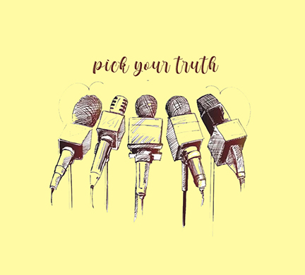 illustration of 4 mics and a text saying "pick your truth"