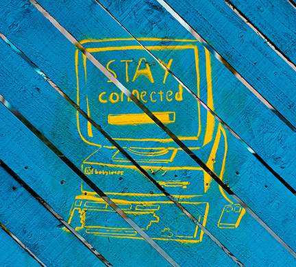An image of a computer drawn on a wooden plank that says stay connected