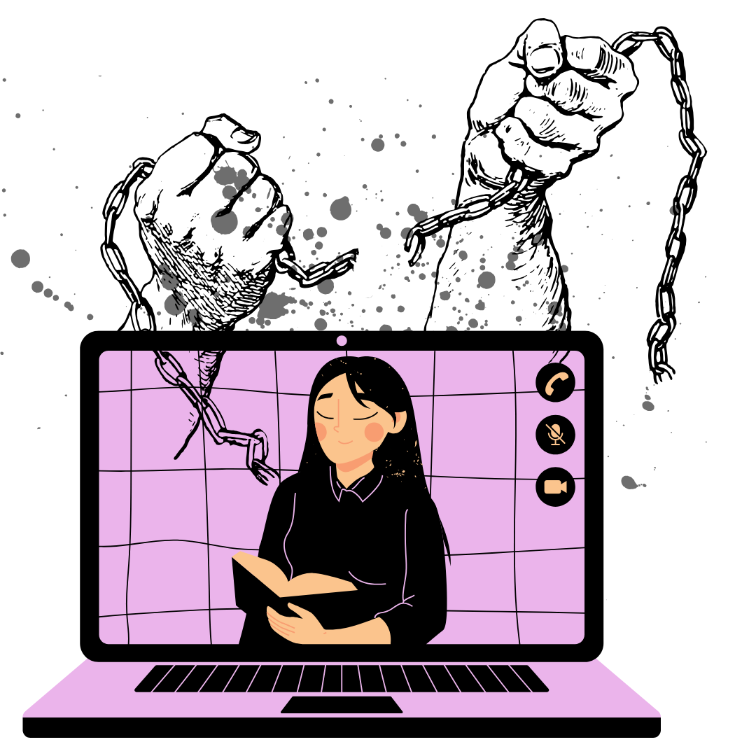 Image of a woman in the laptop. There is a hand breaking a chain on top of her.