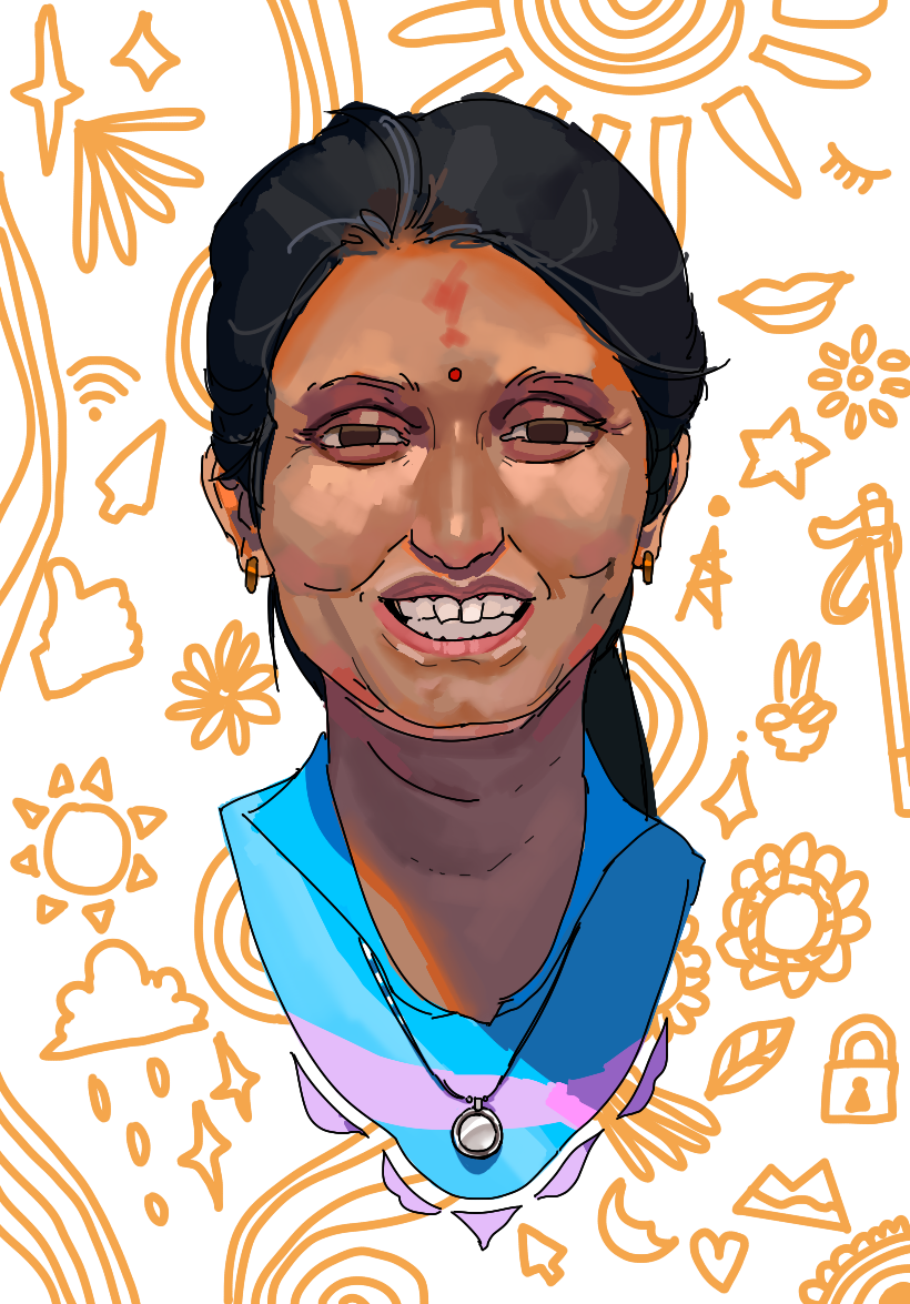 A digital illustration of Nabina Gyawali with dark hair styled in a low ponytail. She has a bindi on her forehead and wears a blue shirt. A gold necklace with a circular pendant rests on her chest. Her smile is wide and bright, revealing white teeth. The background is a vibrant collage of colorful doodles and symbols, including suns, flowers, stars, and abstract shapes, all drawn in a bold, expressive style.