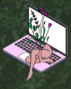Vine in the background with electrical lining. There is an open pink laptop with a lower body sitting on the laptop while the upper half is of flowers and leaves.
