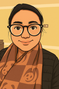A digital cartoon-style portrait of a young woman wearing round glasses, a brown patterned scarf, and a black jacket, smiling softly against a warm yellow indoor background.