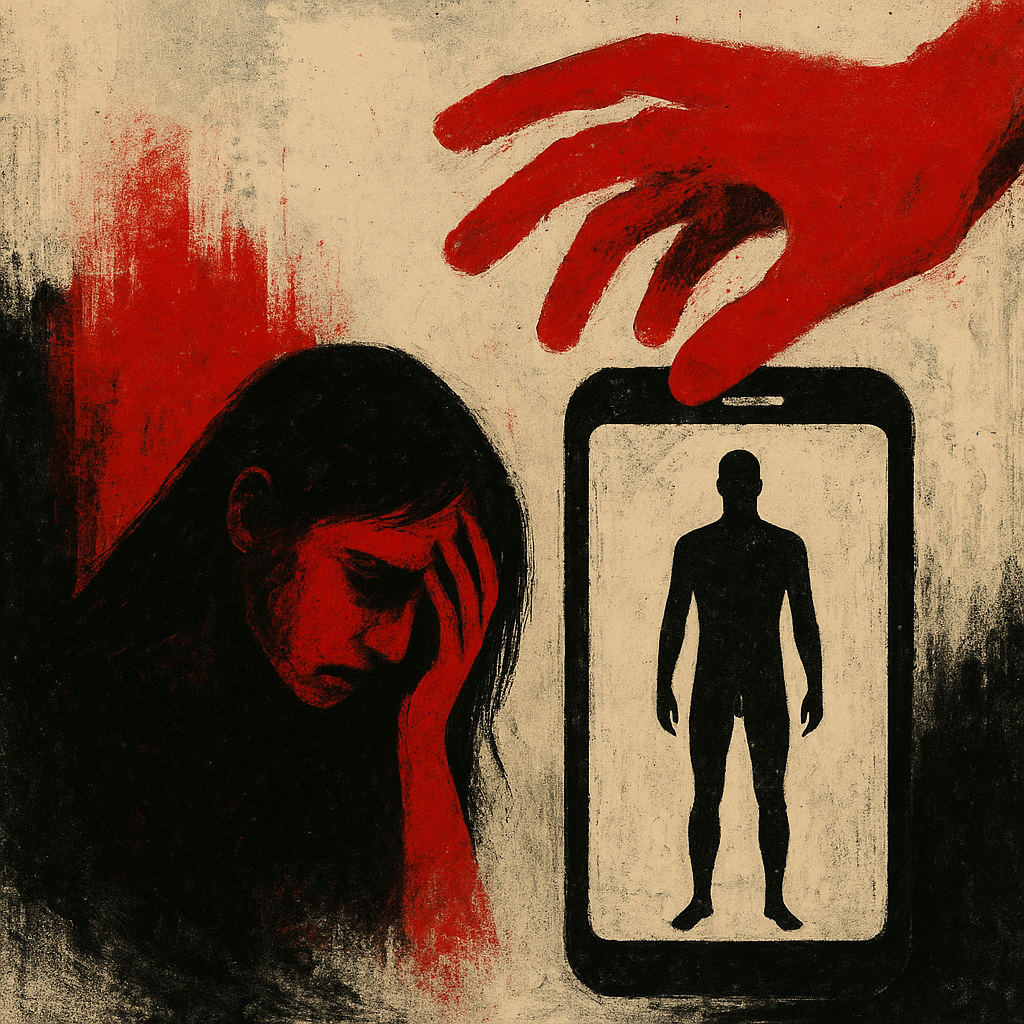 Unsolicited Nudes and Digital abuse Image shows the trauma of digital abuse: A distressed girl holds her head in pain while a large red hand hovers over a phone displaying a silhouette of a nude male figure, symbolizing the impact of receiving unsolicited explicit images online.