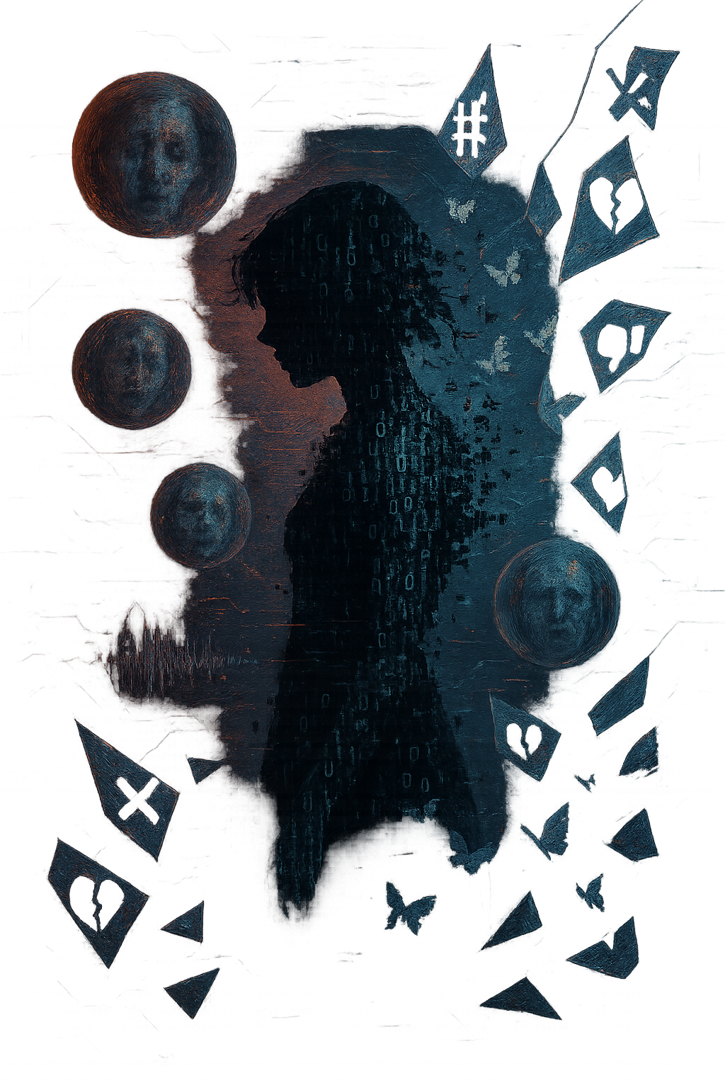 Not just Rumour A haunting digital artwork showing a fragmented silhouette of a girl filled with binary code, surrounded by shattered symbols, floating faces, and butterflies. The image reflects the emotional weight of living through digital violence and the loss of control over one's digital identity.