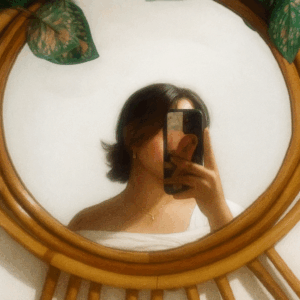 Personal mirror selfie of a woman with short hair in a white off-shoulder top and gold jewelry, softly framed by a round rattan mirror with green leaves, reflecting a calm and introspective mood.