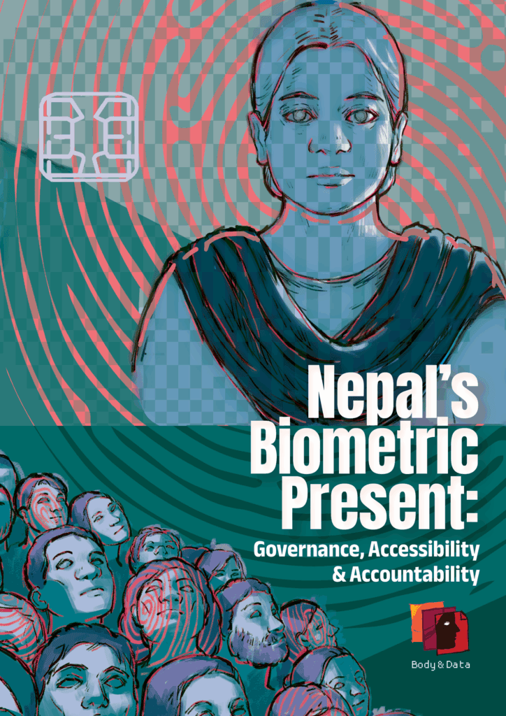 Illustration of CCTV cameras on the top left. with groups of faces on the bottom facing up, where a hand is holding a stamp to be put on the faces. Some of the faces are stamped with red fingerprints. indicating the digitization of their identities. The overall color scheme of the cover is blue. The title of the report is "Digitization of Identities: Efforts, Experiences and Effects" 